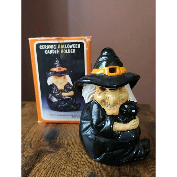 Halloween Witch Ceramic Candle Holder Vintage Black Cat Woolworth Tea Light Box - Picture 2 of 12